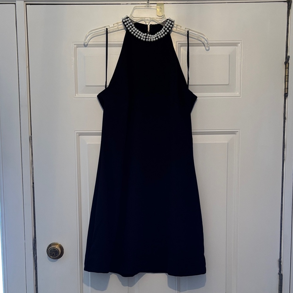 CeCe Black Mini Dress with Pearl Accents